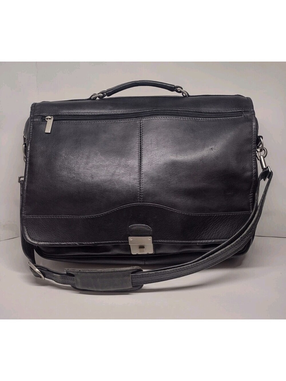 90s Black Genuine Leather Expandable Briefcase Amiet Swiss Lock Executive Bag